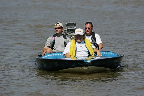 BORIS MINKEVICH / WINNIPEG FREE PRESS  070729 1978 Hondo flat bottom speed boat.  Harvey MacNamara, (in bow) passenger (left) Tony Bage and (Driver) Carey Gregorashuk