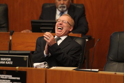 Mayor Sam Katz laughs along with his members of council in his last council meeting at City Hall .   Sept 24,  2014 Ruth Bonneville / Winnipeg Free Press
