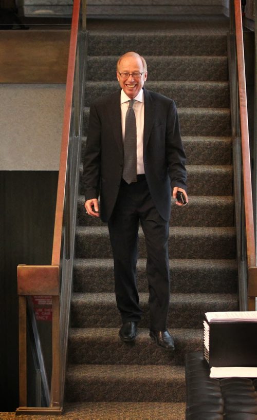 Mayor Sam makes his way down the stairs into the council chamber Wednesday for his last council meeting at City Hall .   Sept 24,  2014 Ruth Bonneville / Winnipeg Free Press