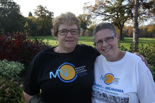 Shauna Derksen , left, Jean Bartleyand who was diagnosed with melanoma (are raising money for the Melanoma Network of Canada by holding a walk on Sunday.-Kevin Rollason story- Sept 25, 2014   (JOE BRYKSA / WINNIPEG FREE PRESS)