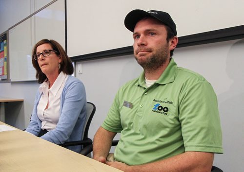 Margaret Redmond, president and CEO of the Assiniboine Park Conservancy (left) and Chris Enright, head of Veterinary Services for the Assiniboine Park Zoo announce that Baikal, the Zoo's adult male tiger, gained entry to the enclosure where the two young male tigers, Samkha and Vasili, were being housed. Once inside the enclosure a confrontation occurred between Baikal and Vasili that ultimately resulted in Baikal's death. 140925 - Thursday, September 25, 2014 -  (MIKE DEAL / WINNIPEG FREE PRESS)
