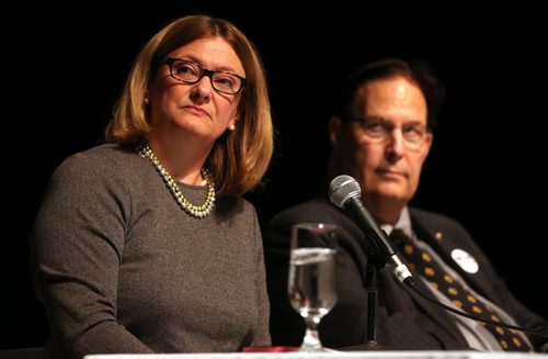 Paula Havixbeck and David Sanders at a Mayoral forum on the arts Friday. See story.  September 26, 2014 - (Phil Hossack / Winnipeg Free Press)