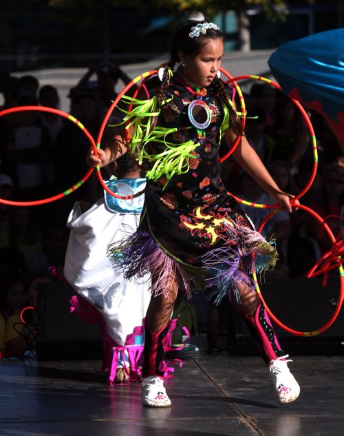 8 yr old Hoop Dancer Phoenix Handel struts her stuff Friday morning at the Forks. She was taking part in the fifth annual Culture Days Manitoba taking place this weekend with over 350 free arts and culture activities being planned across the province. See story/release? September 26, 2014 - (Phil Hossack / Winnipeg Free Press)