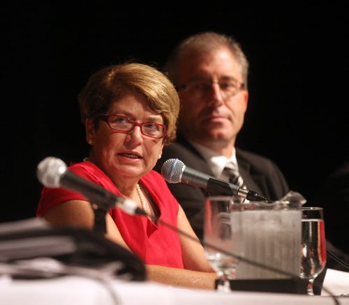 Judy Wasylycia-Leis and Gord Steeves at a Mayoral forum on the arts Friday. See story.  September 26, 2014 - (Phil Hossack / Winnipeg Free Press)