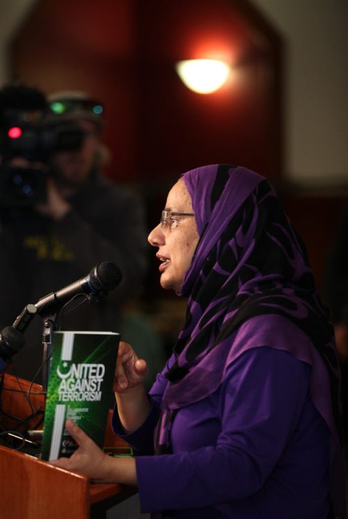 Shahina Siddiqui, President of Islamic Social Services speaks holding a copy of the new anti-terrorist pamphlet at a press conference as RCMP and Islamic groups launch a new handbook to combat terrorism Monday afternoon. See Alex Paul's story. September 29, 2014 - (Phil Hossack / Winnipeg Free Press)