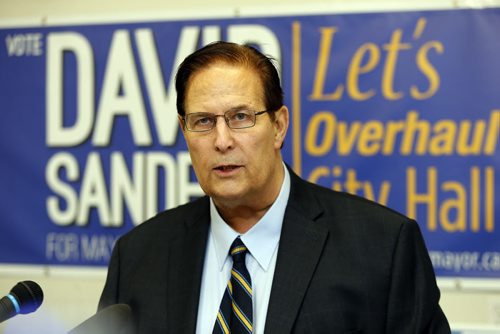 LOCAL .Mayor Candidate Davis Sanderson  gave newser from his Pembina Hwy campaign hq.  Aldo Santin with video and  story SEPT  30 2014 / KEN GIGLIOTTI / WINNIPEG FREE PRESS