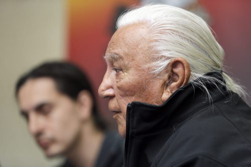 Elder Elmer Courchene  speaks about aboriginal families  and the effects of the Residential School effects  with Chief  Arlen Dumas in background . Assembly of Manitoba Chiefs  release it's own report on Child and Family Services , their Bring Our Children Home  Report  . SEPT  30 2014 / KEN GIGLIOTTI / WINNIPEG FREE PRESS