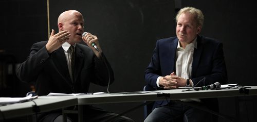 Jason Schreyer (left) and Thomas Steen at an all candidates debate held in Elmwood's Miles Mac Collegiate Wednesday evening. See Mary Agnes Welch story.  October 1, 2014 - (Phil Hossack / Winnipeg Free Press)