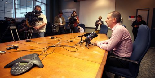 Dr. Michael (?) Rutlidge, speaks to media at Manitoba Health Offices Thursday re: ENTEROVIRUS, first Manitoba cases of the virus that has clogged ERs in other places. See Ashley Prest story. October 2, 2014 - (Phil Hossack / Winnipeg Free Press)