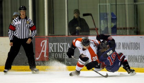 Winkler Flyer #28 Reid Burak takes out OCN Blizzard's # 19 Devin Muir Friday afternoon at the IcePlex as the two teams met in the Old DUtch MJHL Showcase.  October 3, 2014 - (Phil Hossack / Winnipeg Free Press)