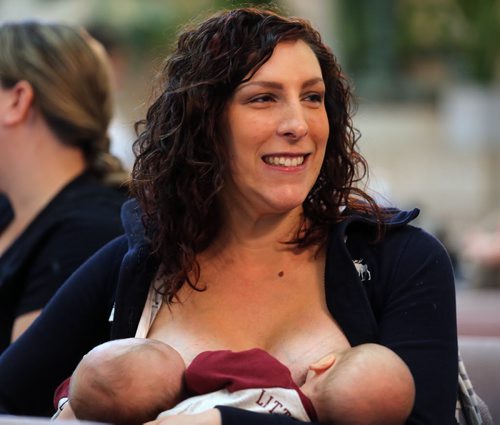 Annick Rauch with her 5 week old twins, Brooks and Brecken, participating in the Breast Feeding Challenge at the Manitoba Legislative Building, Saturday, October 4, 2014. (TREVOR HAGAN/WINNIPEG FREE PRESS)