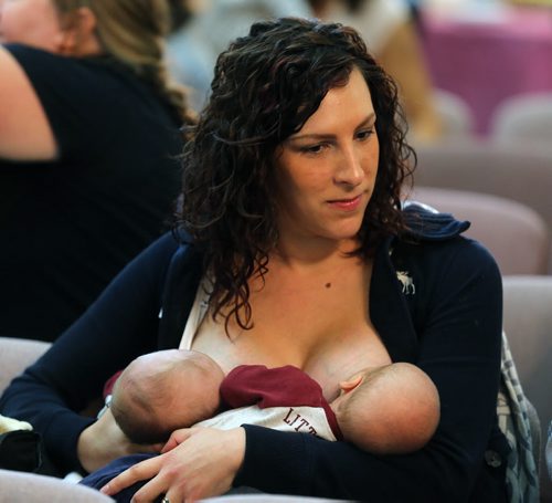 Annick Rauch with her 5 week old twins, Brooks and Brecken, participating in the Breast Feeding Challenge at the Manitoba Legislative Building, Saturday, October 4, 2014. (TREVOR HAGAN/WINNIPEG FREE PRESS)