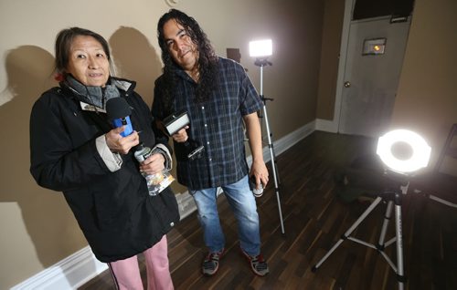 Wanda Pache, from Dakota Tipi First Nation with Aaron Peters, who is doing a film in the city Saturday, October 4, 2014. (TREVOR HAGAN/WINNIPEG FREE PRESS) for alex paul story