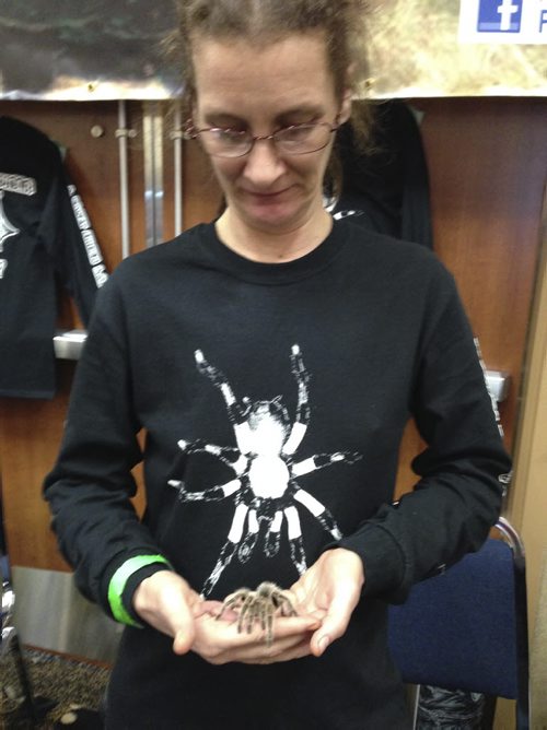 Ashley Prest / Winnipeg Free Press  Kim Johnson, aka The Crazy Spider Lady, holds one of her 500 spiders she owns - including 300 babies at this time. This is a Rose-haired tarantula which is expected to double in size. Oct. 5, 2014