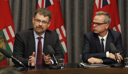 At left, Manitoba Teachers' Society president Paul Olson and Education and Advanced Learning Minister James Allum at a news conference  re: Closing the Achievement Gap:Success for Every Student, an action plan in response to Pan-Canadian Assessment Program. Nick Martin Wayne Glowacki/Winnipeg Free Press Oct. 7 2014
