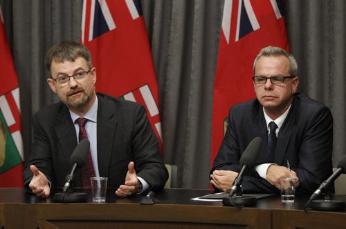 At left, Manitoba Teachers' Society president Paul Olson and Education and Advanced Learning Minister James Allum at a news conference  re: Closing the Achievement Gap: Success for Every Student, an action plan in response to Pan-Canadian Assessment Program. Nick Martin Wayne Glowacki/Winnipeg Free Press Oct. 7 2014