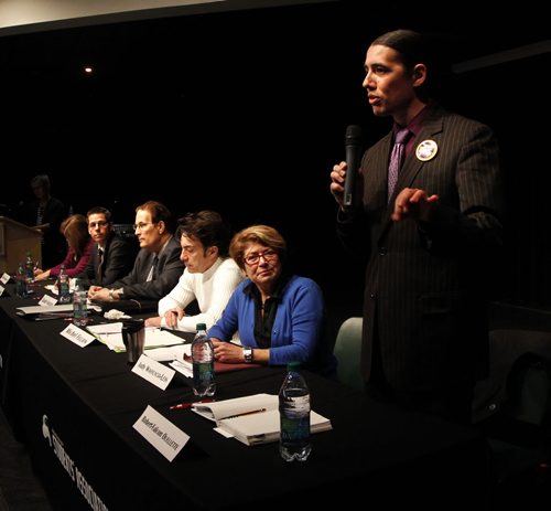 Mayoral candidates from right  Robert-Falcon Ouellette, Judy Wasylycia-Leis, Michel Fillion,David Sanders, Brian Bowman and Paula Havixbeck at the at the Red River College Mayoral Forum. Also Santin story  Wayne Glowacki/Winnipeg Free Press Oct. 7 2014