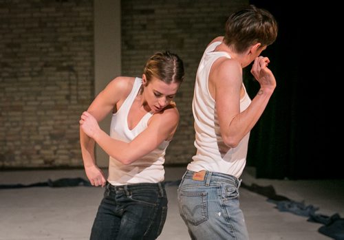 Dancers Kayla Henry (left) and Ali Robson in Forever in Blue Jeans, choreographed by Ming Hon. The Winnipegs Contemporary Dancers performance runs Oct. 8-12 at Rachel Brown Theatre. 141007 - Tuesday, October 07, 2014 - (Melissa Tait / Winnipeg Free Press)