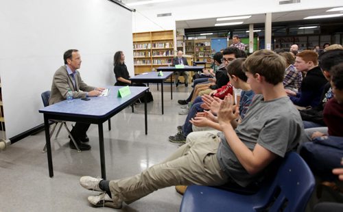 Councillor for River Heights-Fort Garry candidate Taz Stuart vs. incumbent John Orlikow, debate at Grant Park High School (moderated by Nick Martin) while high school students ask questions  Wednesday.  .  Oct 08,  2014 Ruth Bonneville / Winnipeg Free Press