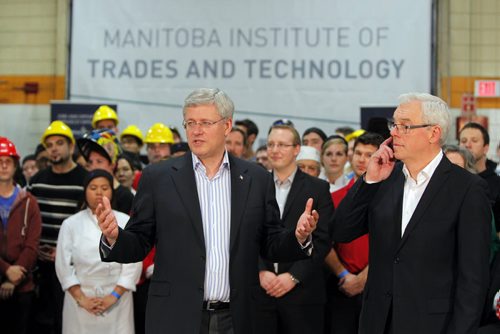 Prime Minister Stephen Harper at photo opportunity at Manitoba Institute of Trades and Technology  Henlow Campus 130 Henlow Bay. He was joined by Greg Selinger, Premier of Manitoba. BORIS MINKEVICH / WINNIPEG FREE PRESS October 10, 2014