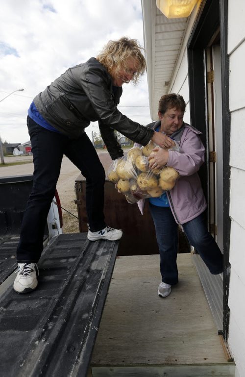 LOCAL . (In photo left)  Wendy Proctor hands off  some of the 600 lbs of vegetables they bought for the turkey dinner  to Darlene  Schott  at the Woodlands Community Hall .Sixty Six years of Thanksgiving Day meals , Monday Woodlands Fall Supper .Woodlands Community Hall will serve  650 turkey dinners  or 215 Kg of turkey cooked by the communities volunteers for it's annual  fund raising Thanksgiving Dinner . Wendy Proctor and Lorraine Boyd  is one of the many volunteers  for the $12.00 per plate  event that brings in about $4000.00 Oct. 10 2014 / KEN GIGLIOTTI / WINNIPEG FREE PRESS
