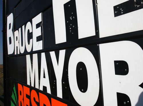 Election sign of mayor, Bruce Henley West St. Paul that was shot by shotgun  The sign is located in front of Sunova Centre in West St. Paul-See Bill Redekop story- Oct 10, 2014   (JOE BRYKSA / WINNIPEG FREE PRESS)