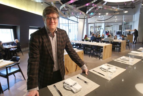 Ben Sparrow from Sparrow Hotels is on a committee to make Winnipeg a Fair Trade city. There's an event tomorrow at the CMHR to launch it.- He stands in his Era Bistro  inside museum- see Geoff Kirybson story- Oct 14, 2014   (JOE BRYKSA / WINNIPEG FREE PRESS)