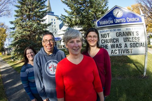 Rev. Teresa Moysey (third from left) along with others from Harrow United Church: (l-r) Kerry Craig, Gary Maddonick and Erica Young. 141014 - Tuesday, October 14, 2014 -  (MIKE DEAL / WINNIPEG FREE PRESS)