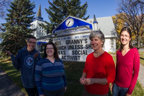 Rev. Teresa Moysey (third from left) along with others from Harrow United Church: (l-r) Gary Maddonick, Kerry Craig, and Erica Young. 141014 - Tuesday, October 14, 2014 -  (MIKE DEAL / WINNIPEG FREE PRESS)