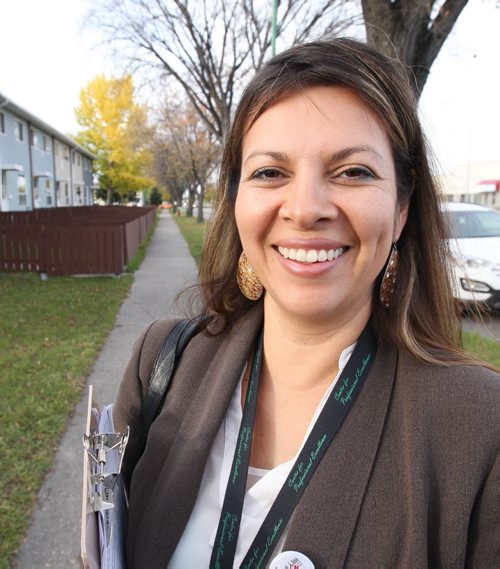 Point Douglas council candidate Rebecca Chartrand campaigning in her constituencySee Bartley Kives, Mary Agnes Welch stories- Oct 14, 2014   (JOE BRYKSA / WINNIPEG FREE PRESS)