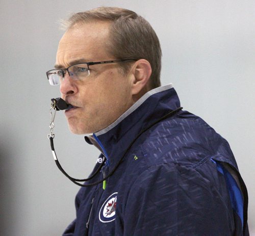 Winnipeg Jets head coach Paul Maurice has a game face on during the teams practice Wednesday at the MTS Iceplex-The Jets are in preparation for their home opener this Friday against the Nashville PredatorsSee Tim Campbell story- Oct 15, 2014   (JOE BRYKSA / WINNIPEG FREE PRESS)