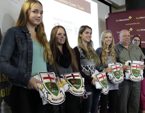 Team Manitoba Curlers going to the Canada Games in Prince George are from left are Shae Bevan,Jordyn McIntyre, Rachel Morris, Jessie Robertson and Coach Albert Bazinet. Ed Tait story.  Wayne Glowacki/Winnipeg Free Press Oct. 15 2014