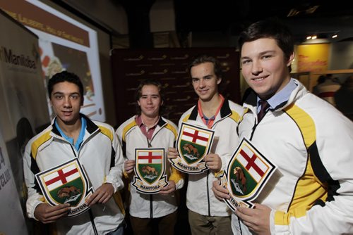 Team Manitoba Curlers going to the Canada Games in Prince George are from right, Skip Colin Kurz, Ryan Lemoine, Weston Oryniak and Brendan Bilawka. At the CurlManitoba and the Manitoba Curling Tour  annual curling season kickoff news conference. Ed Tait story.  Wayne Glowacki/Winnipeg Free Press Oct. 15 2014
