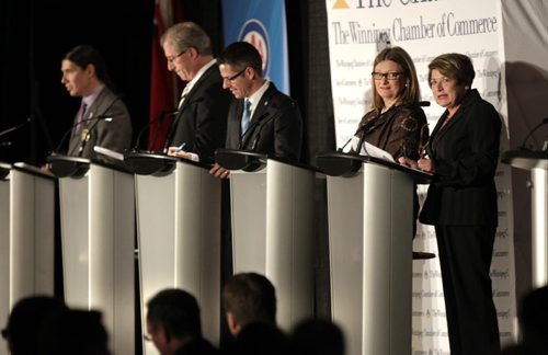 From right, mayoral candidates  Judy Wasylycia-Leis ,Paula Havixbeck, Brian Bowman, Gord Steeves and Robert-Falcon Ouellette during the debate at the Winnipeg Chamber of Commerce luncheon Thursday.Aldo Santin Story.Wayne Glowacki / Winnipeg Free Press Oct.16 2014