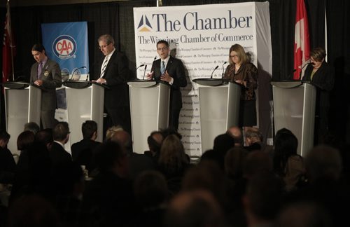 From left, mayoral candidates¤Robert-Falcon Ouellette, Gord Steeves, Brian Bowman, Paula Havixbeck and Judy Wasylycia-Leis during the debate at the Winnipeg Chamber of Commerce luncheon Thursday.Aldo Santin Story.Wayne Glowacki / Winnipeg Free Press Oct.16 2014