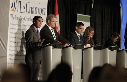 From left, mayoral candidates Robert-Falcon Ouellette, Gord Steeves, Brian Bowman, Paula Havixbeck and Judy Wasylycia-Leis ¤during the debate at the Winnipeg Chamber of Commerce luncheon Thursday.Aldo Santin Story.Wayne Glowacki / Winnipeg Free Press Oct.16 2014