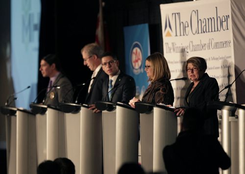 From right, mayoral candidates  Judy Wasylycia-Leis ,Paula Havixbeck, Brian Bowman, Gord Steeves and Robert-Falcon Ouellette during the debate at the Winnipeg Chamber of Commerce luncheon Thursday.Aldo Santin Story.Wayne Glowacki / Winnipeg Free Press Oct.16 2014