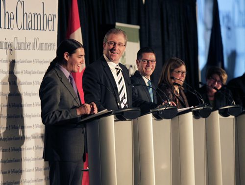 From left, mayoral candidates Robert-Falcon Ouellette, Gord Steeves, Brian Bowman, Paula Havixbeck and Judy Wasylycia-Leis during the debate at the Winnipeg Chamber of Commerce luncheon Thursday.Aldo Santin Story.Wayne Glowacki / Winnipeg Free Press Oct.16 2014