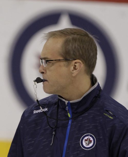 Winnipeg Jets Head Coach Paul Maurice at the team practice in the MTS Centre Thursday. Tim Campbell  Story.Wayne Glowacki / Winnipeg Free Press Oct.16 2014