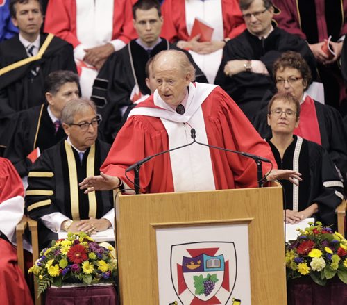 Canadian thinker John Ralston Saul received an Honorary Doctor of Laws adresses students at the 2014 Autumn Convocation Ceremony at the U of W  Duckworth Centre Friday morning, at left is University of Winnipeg Chancellor Robert Silver  and president and Vice-Chancellor Annette Trimbee. see release Wayne Glowacki / Winnipeg Free Press Oct.17 2014