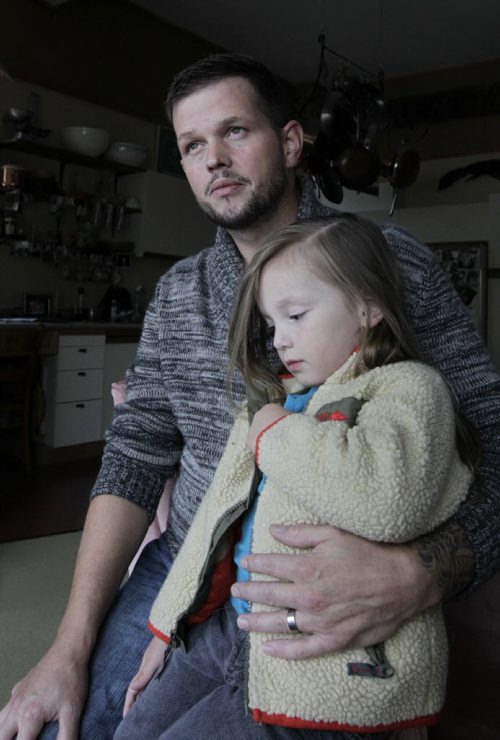 US army deserter Joshua Key with his son Rosco.  Joshua wants to live in peace in Canada and is asking the province to provide him with health care here like a privately sponsored refugee would receive. His wife is trying to sponsor him but with no status in Canada, he could be sent back to the U.S. any day now, court martialed for desertion and imprisoned.Carol Sanders story. Wayne Glowacki / Winnipeg Free Press Oct. 17 2014