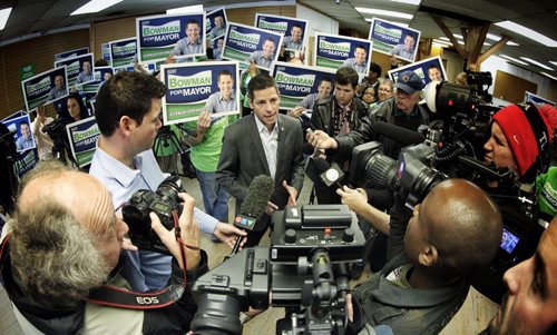 Mayoral candidate Brian Bowman thanked his family, friends and volunteers during a rally at his campaign headquarters as the race for mayor moves into the last three days.  141019 October 19, 2014 Mike Deal / Winnipeg Free Press