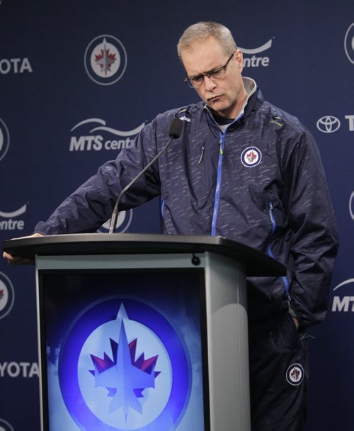 Winnipeg Jets head coach Paul Maurice listens to a question at media conference Monday. Tim Campbell / Ed Tait story Wayne Glowacki/Winnipeg Free Press Oct.20 2014