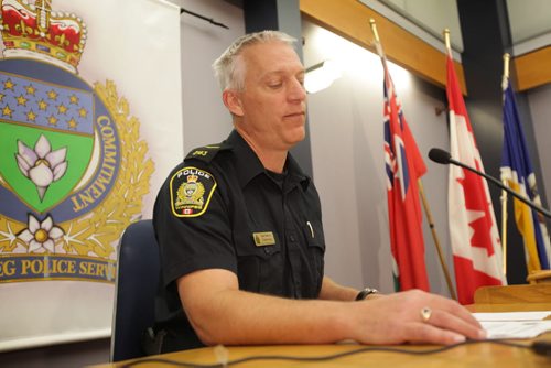 Constable Eric Hofley makes grim announcement to the media at PSB about the remains of 4 infant babies being found in a storage locker at in Winnipeg Tuesday morning.   Oct 21,  2014 Ruth Bonneville / Winnipeg Free Press