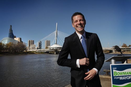 Mayoral Candidate Brian Bowman shares some laughs after holding final press conference before election on Tuesday at lower docks on Red River at Tache.   Oct 21,  2014 Ruth Bonneville / Winnipeg Free Press