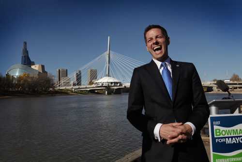 Mayoral Candidate Brian Bowman shares some laughs after holding final press conference before election on Tuesday at lower docks on Red River at Tache.   Oct 21,  2014 Ruth Bonneville / Winnipeg Free Press