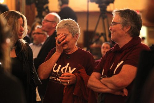 Judy Jennings holds her face as she sees the results of Judy Wasylycia-Leis Wednesday night at the Fort Garry Hotel.   Oct 22,  2014 Ruth Bonneville / Winnipeg Free Press