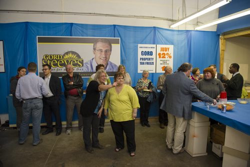 141022 Winnipeg - DAVID LIPNOWSKI / WINNIPEG FREE PRESS  Mayoral candidate Gord Steeves has a smaller crowd at his campaign headquarters Wednesday October 22, 2014 on election night.