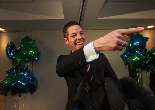 Brian Bowman the mayor elect of Winnipeg during his acceptance speech at his campaign headquarters at the Inn at the Forks in Winnipeg Wednesday night-See Aldo Santin story - Oct 22, 2014   (JOE BRYKSA / WINNIPEG FREE PRESS)