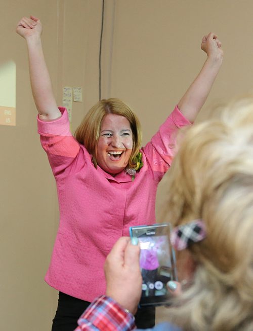 Daniel McIntyre candidate Cindy Gilroy celebrates victory with supporters at her campaign office on Sargent Avenue on Wed., Oct. 22, 2014. Photo by Jason Halstead/Winnipeg Free Press